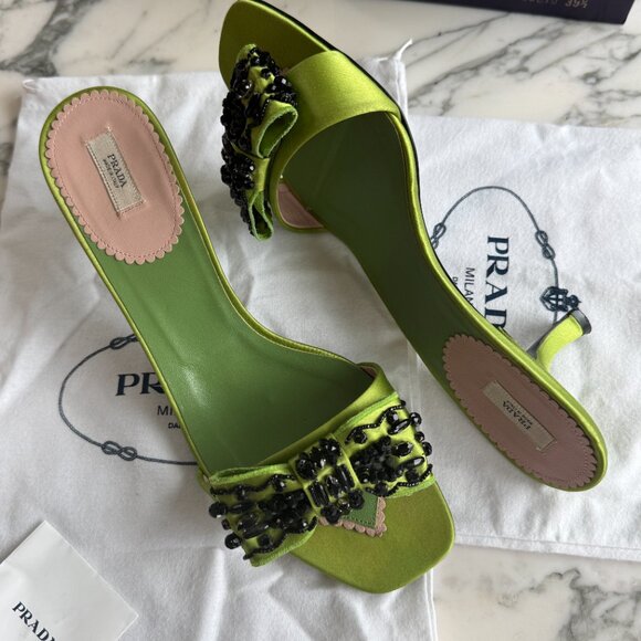 Prada Lime Green Satin Kitten Heel Mules – Pristine Vintage 2003 ✨ - Picture 8 of 9